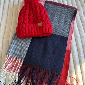 Red Knit Beanie and Plaid Scarf Set